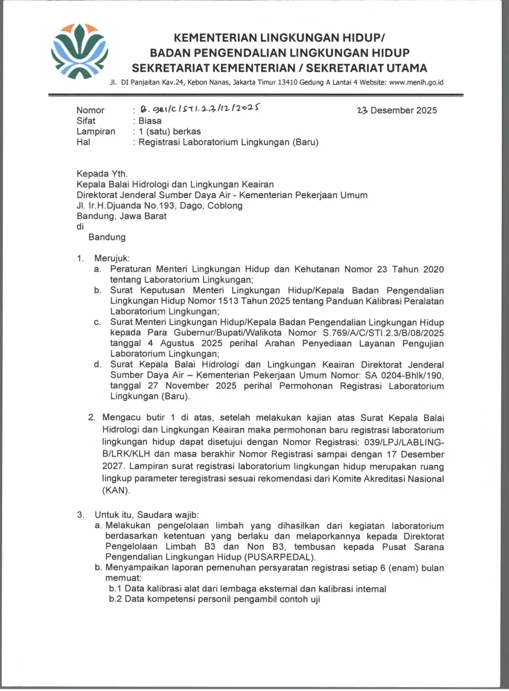 SK Registrasi Laboratorium Lingkungan